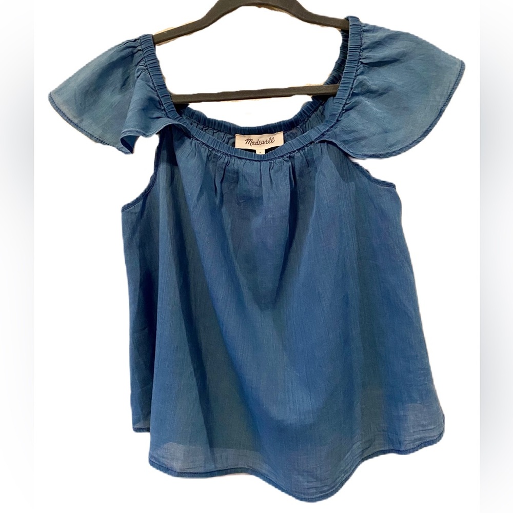 Madewell Denim Blue Cotton Flutter Sleeve A-Line Top M